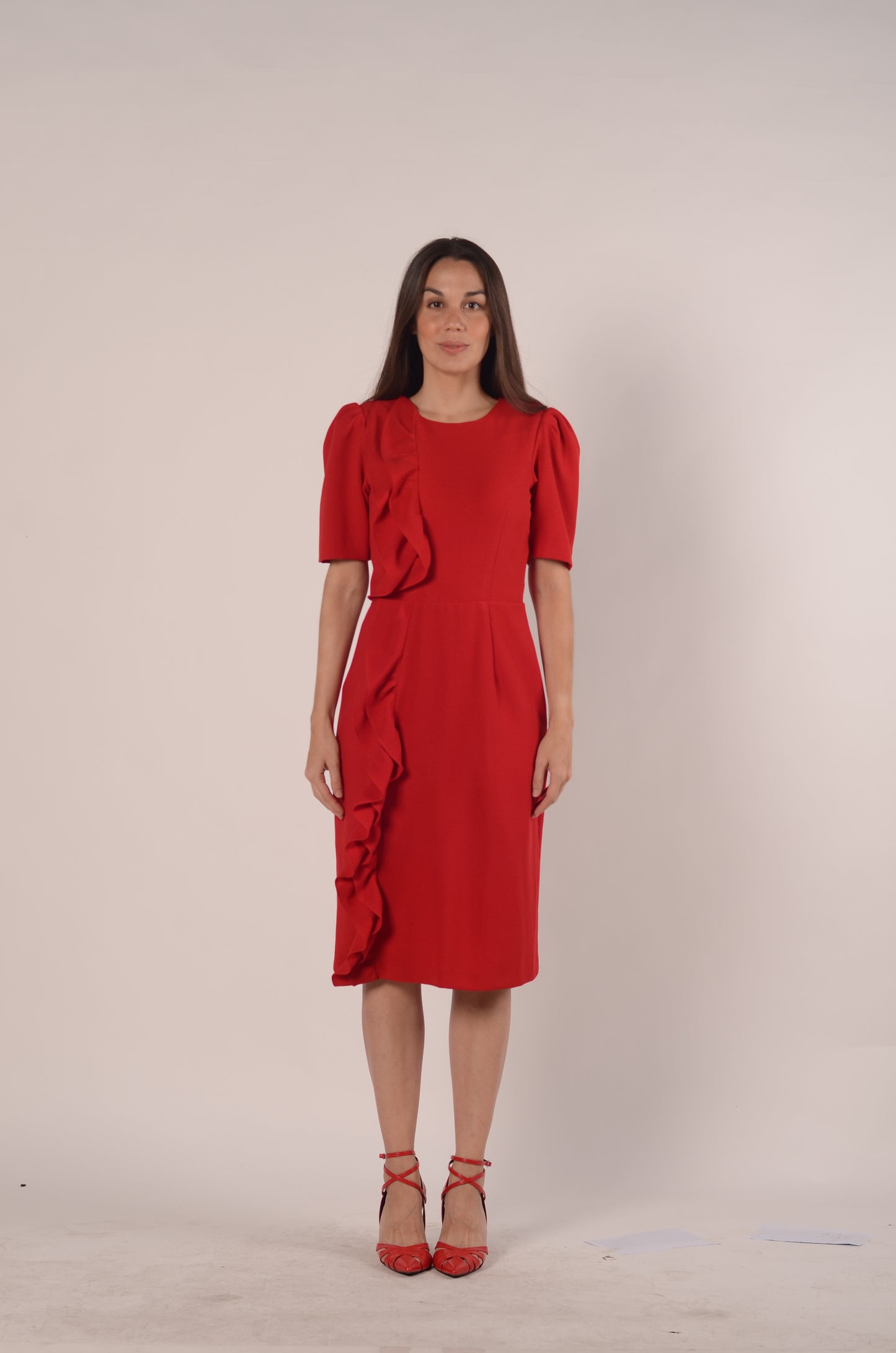Side Ruffle Sheath Dress in Red