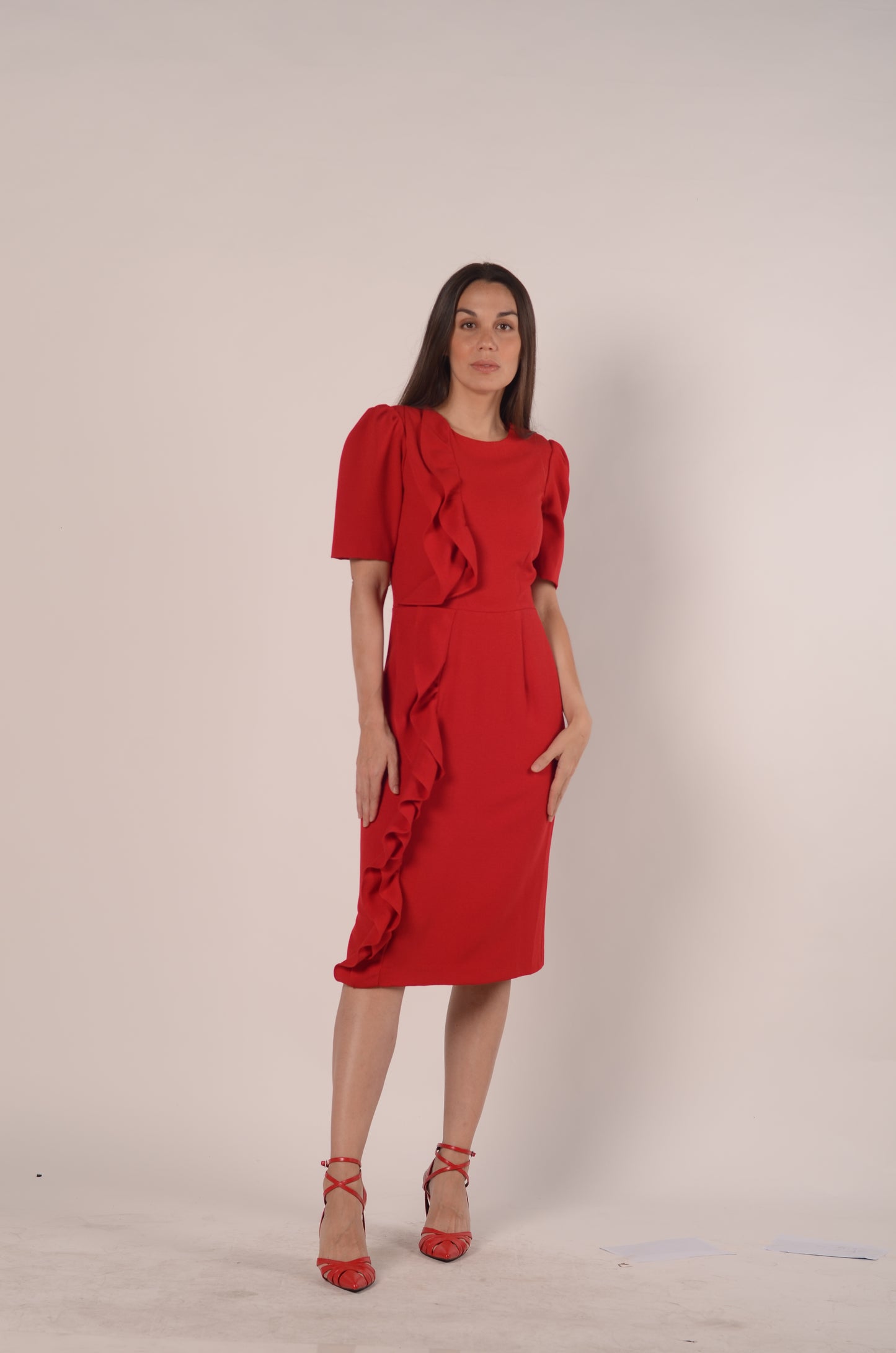 Side Ruffle Sheath Dress in Red